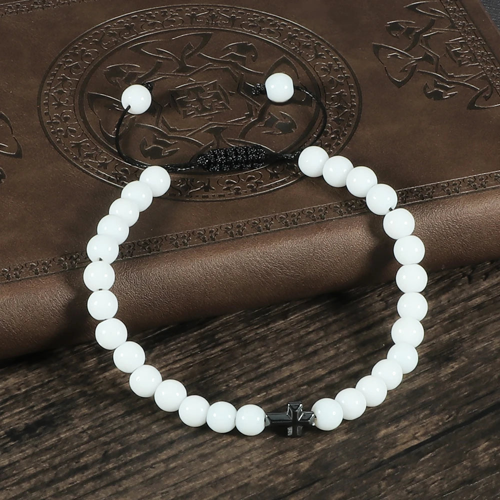 Cross Charm Beaded Bracelet – Natural Stone Strand Bracelet with Christian Symbol