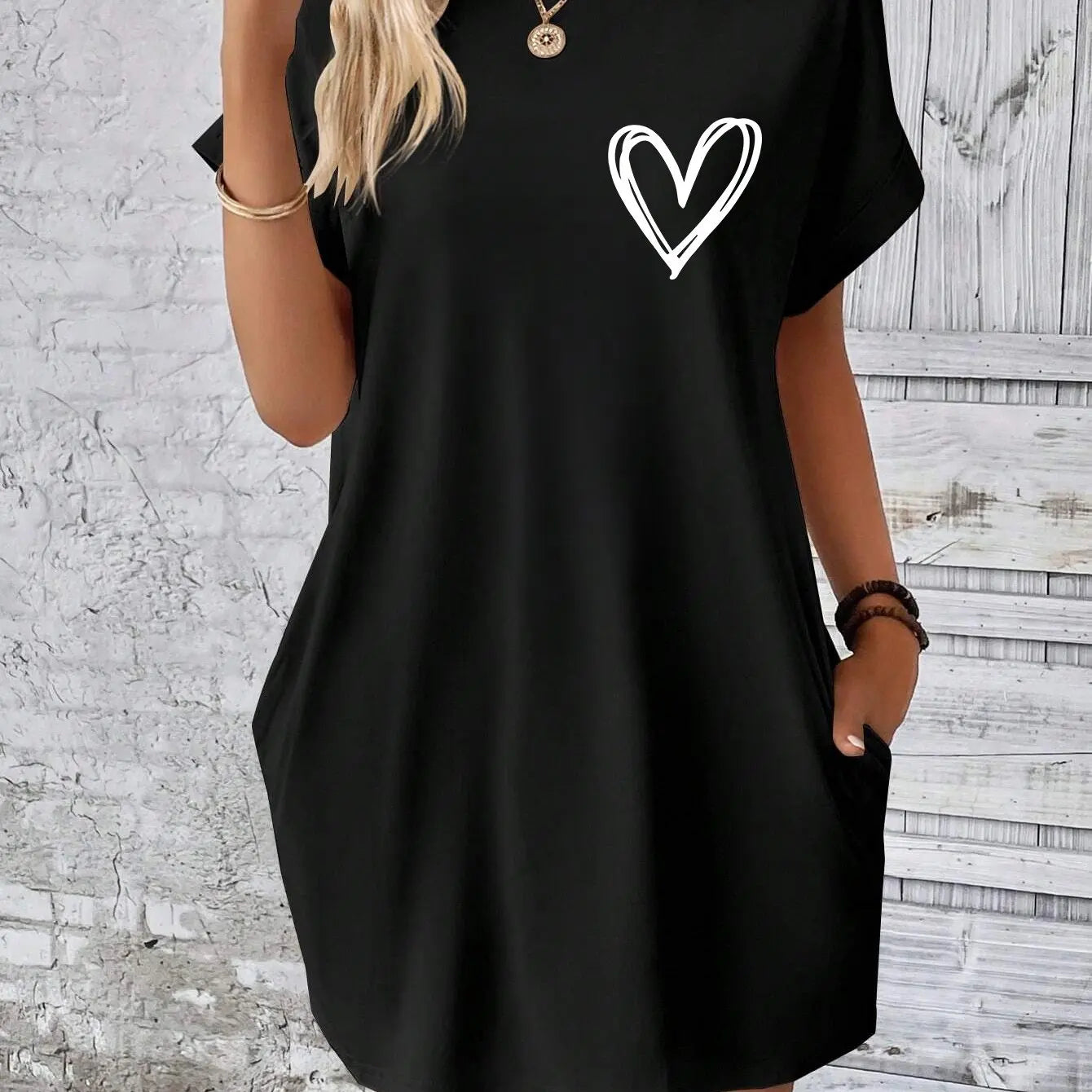 Heart Emblem Dress – Women’s Casual Above-Knee Loose Fit Shirt Dress