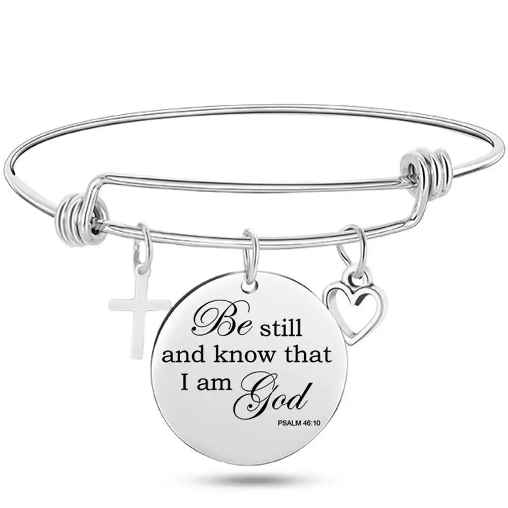 Christian Cross Bible Verse Bangle – Adjustable Stainless Steel Faith Bracelet