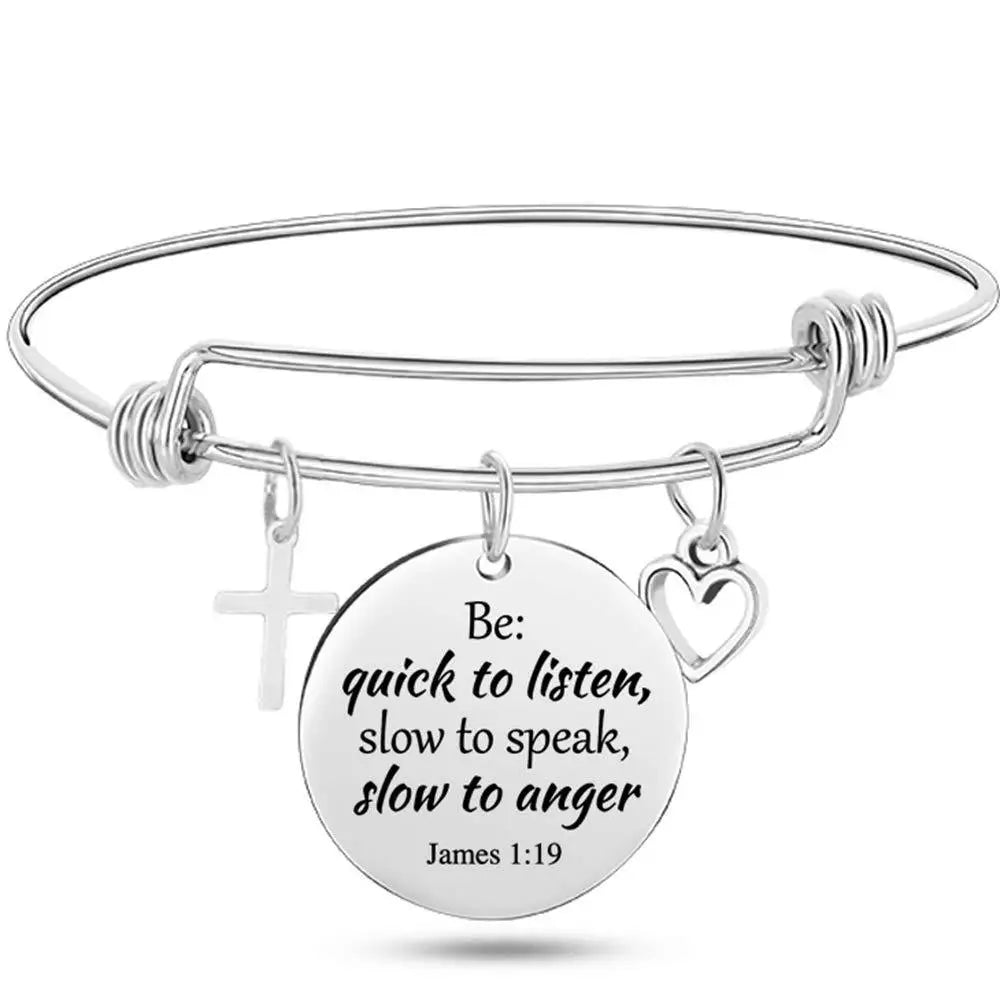 Christian Cross Bible Verse Bangle – Adjustable Stainless Steel Faith Bracelet