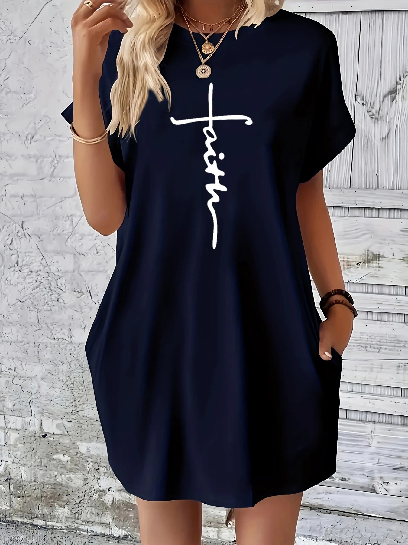 Loose Cross Faith Print Round Neck Short Sleeve Pocket Dress