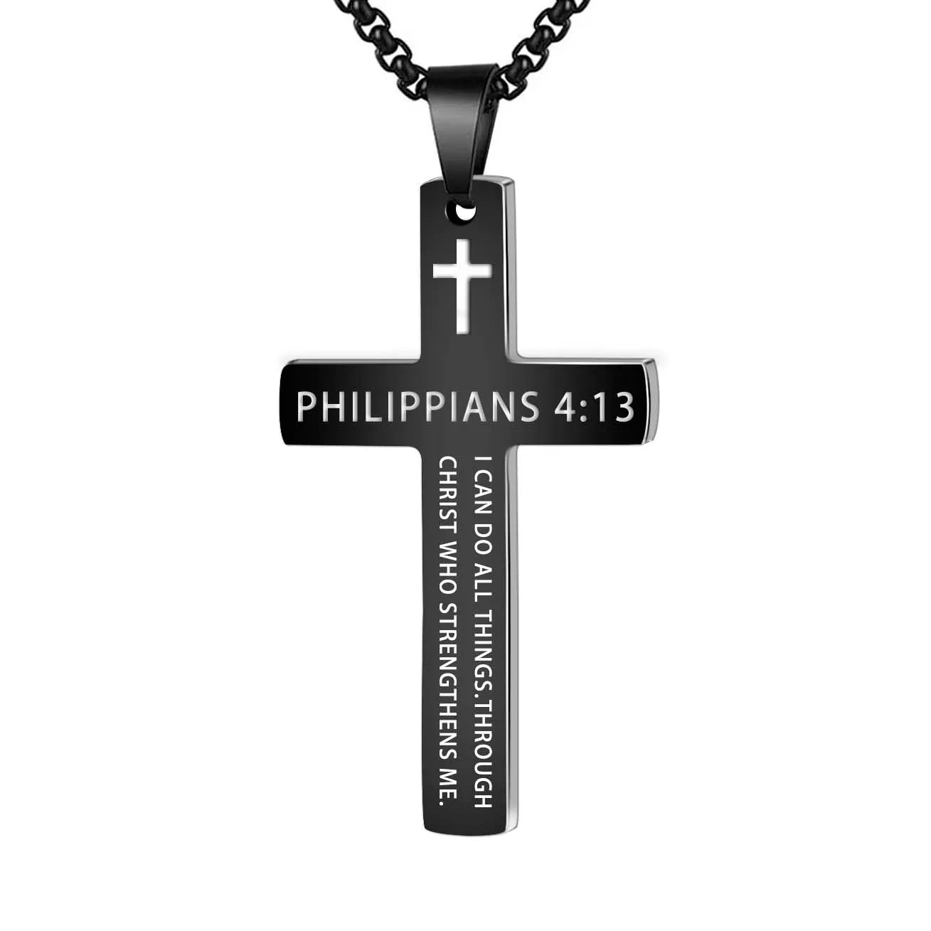 Stainless Steel Bible Verse Necklace – Cross Pendant with Scripture on Box Chain