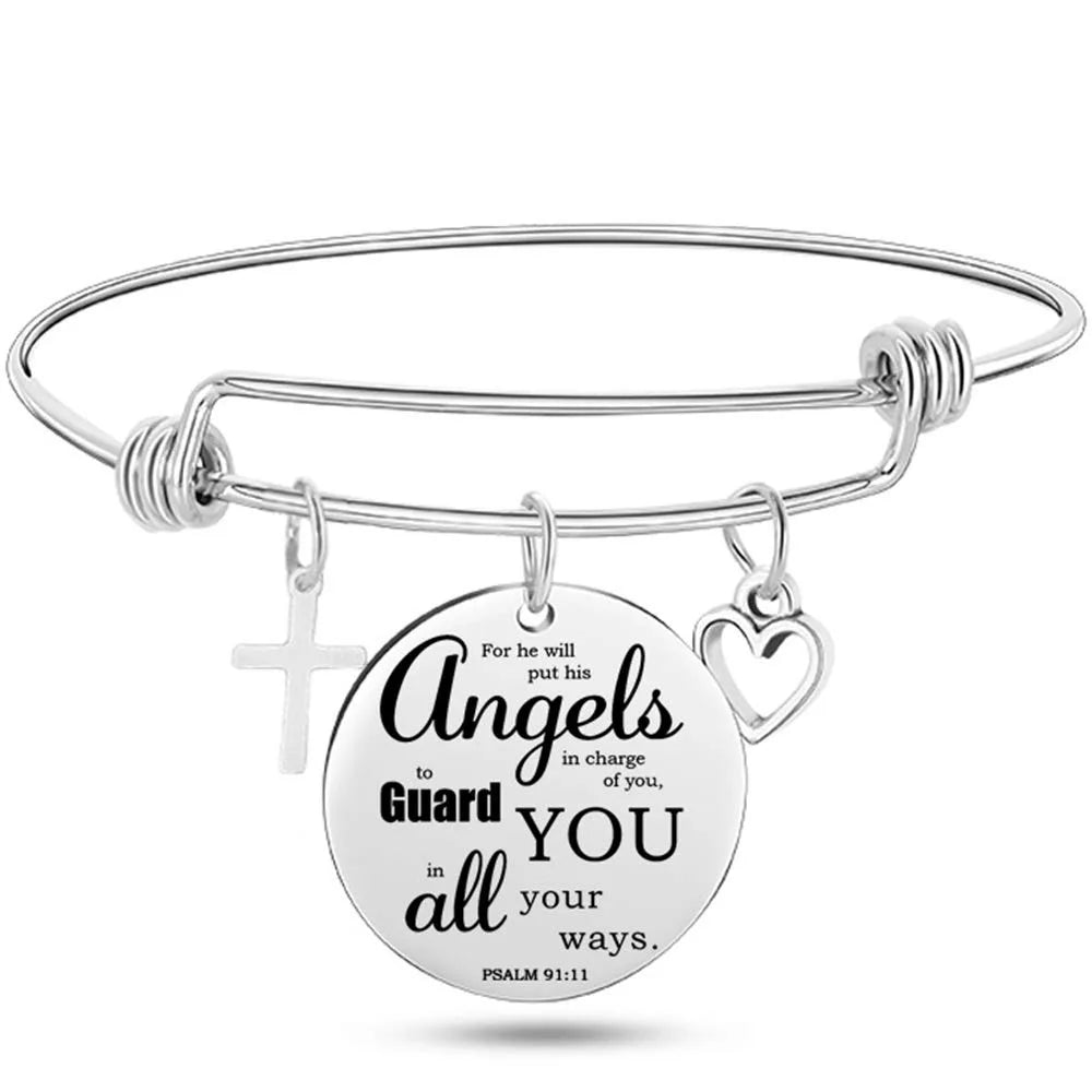 Christian Cross Bible Verse Bangle – Adjustable Stainless Steel Faith Bracelet