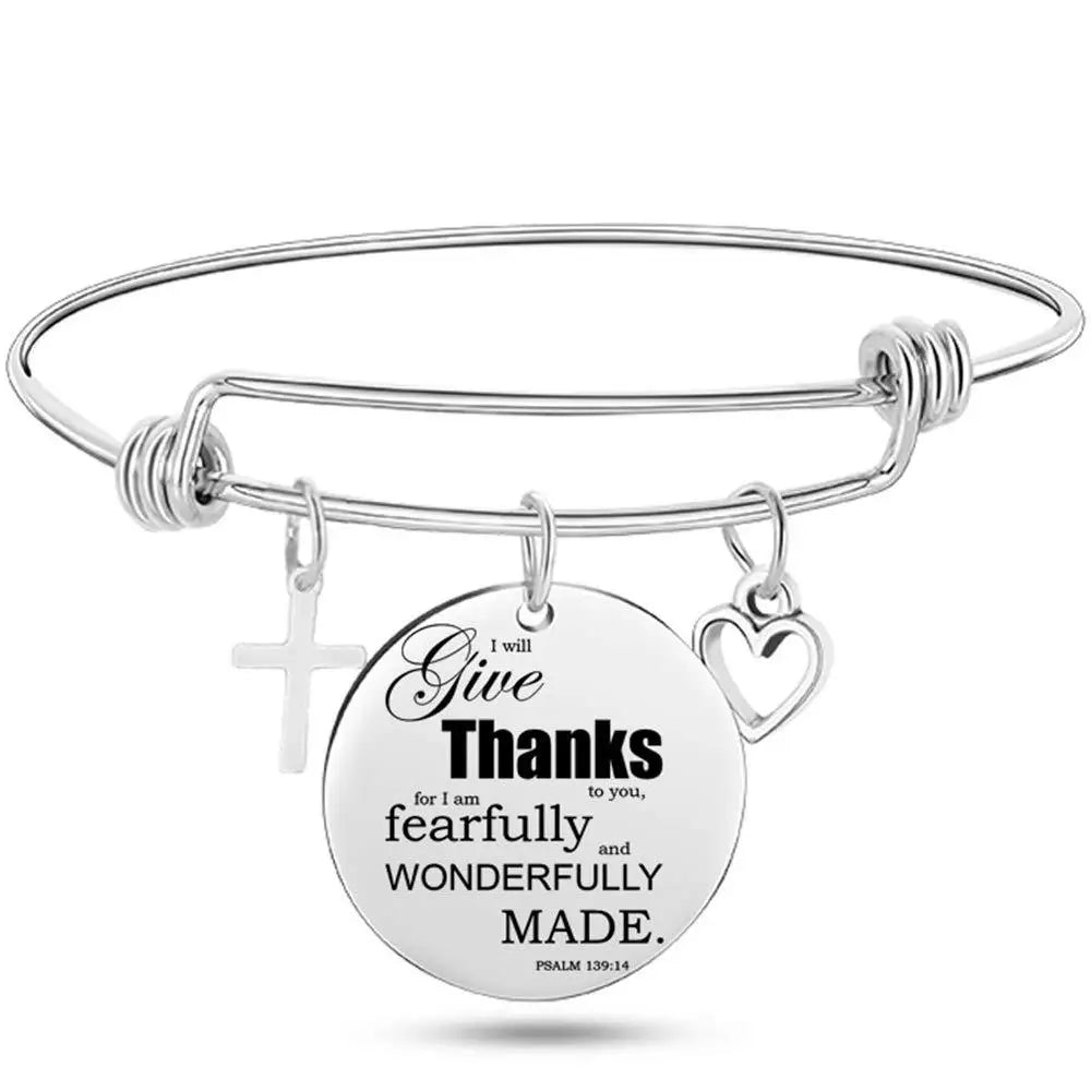 Christian Cross Bible Verse Bangle – Adjustable Stainless Steel Faith Bracelet