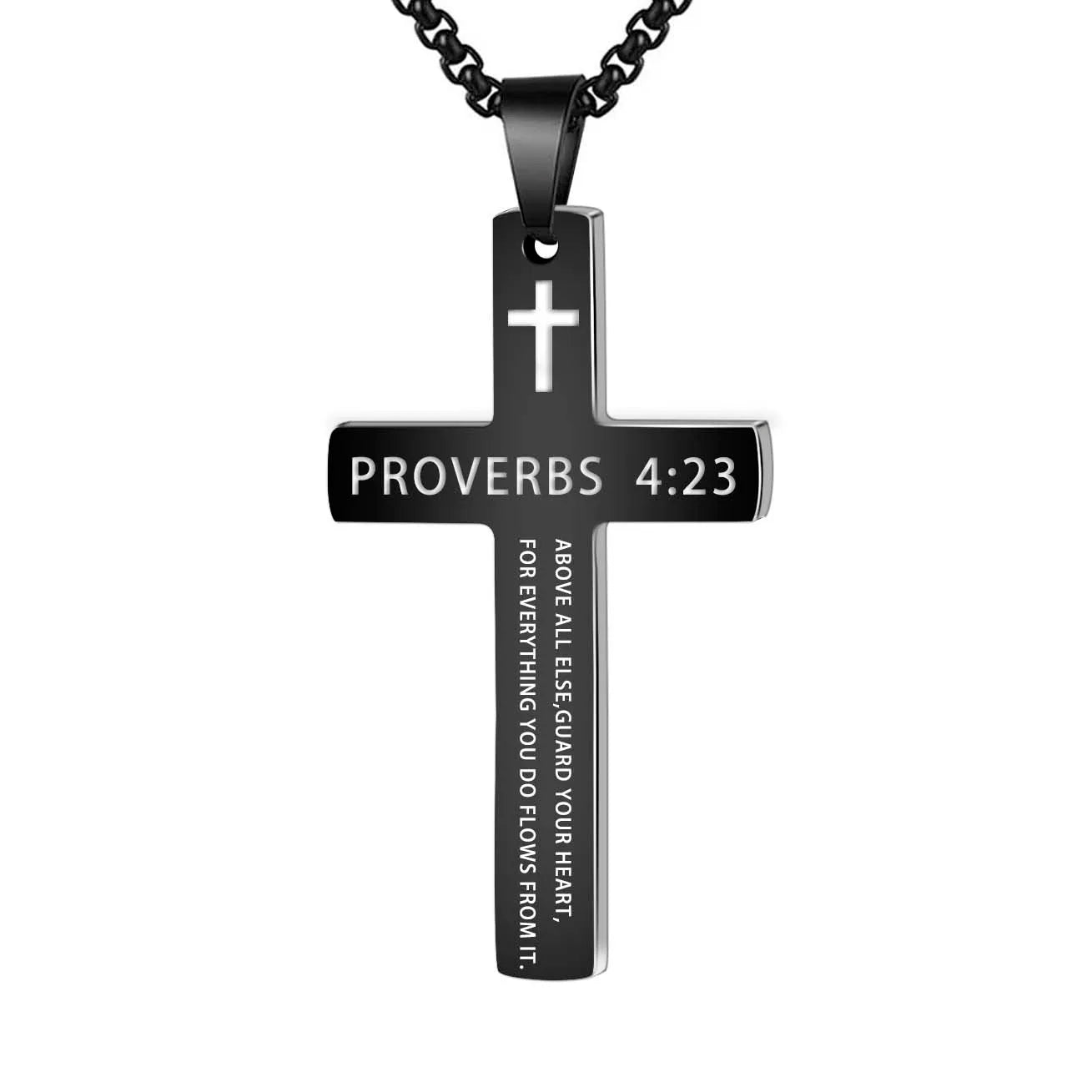 Stainless Steel Bible Verse Necklace – Cross Pendant with Scripture on Box Chain