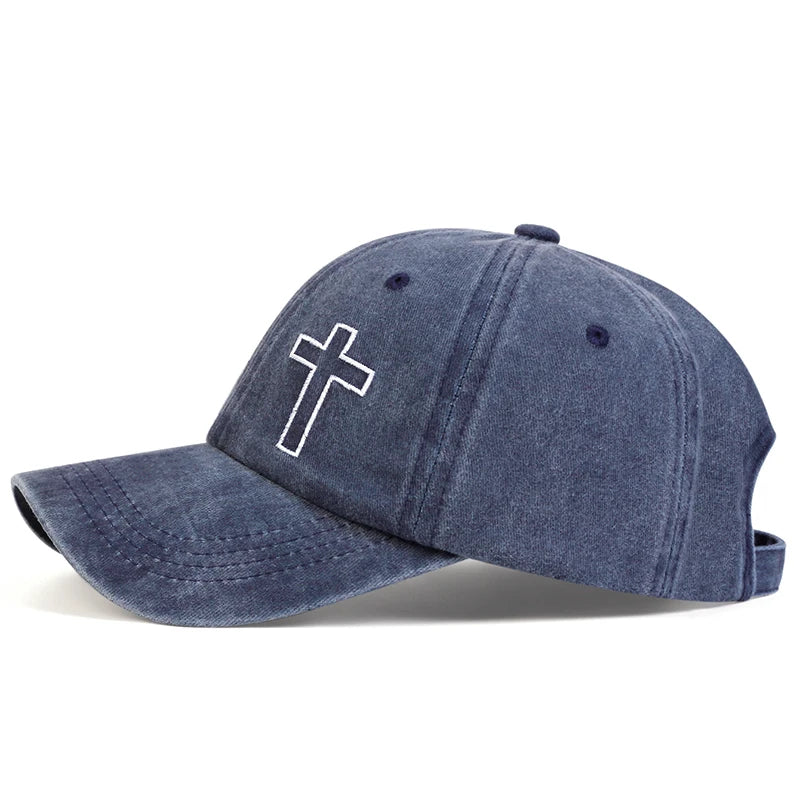 Unisex Side Cross Embroidery Wash Baseball Cap