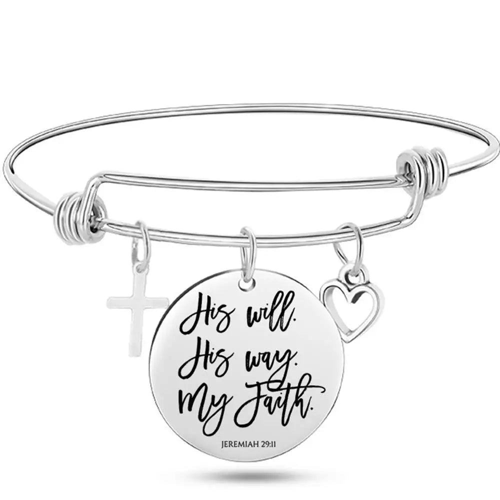 Christian Cross Bible Verse Bangle – Adjustable Stainless Steel Faith Bracelet