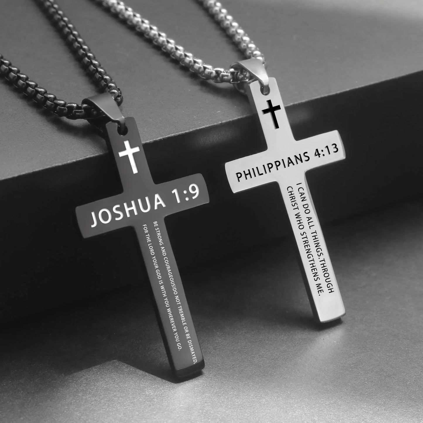 Stainless Steel Bible Verse Necklace – Cross Pendant with Scripture on Box Chain