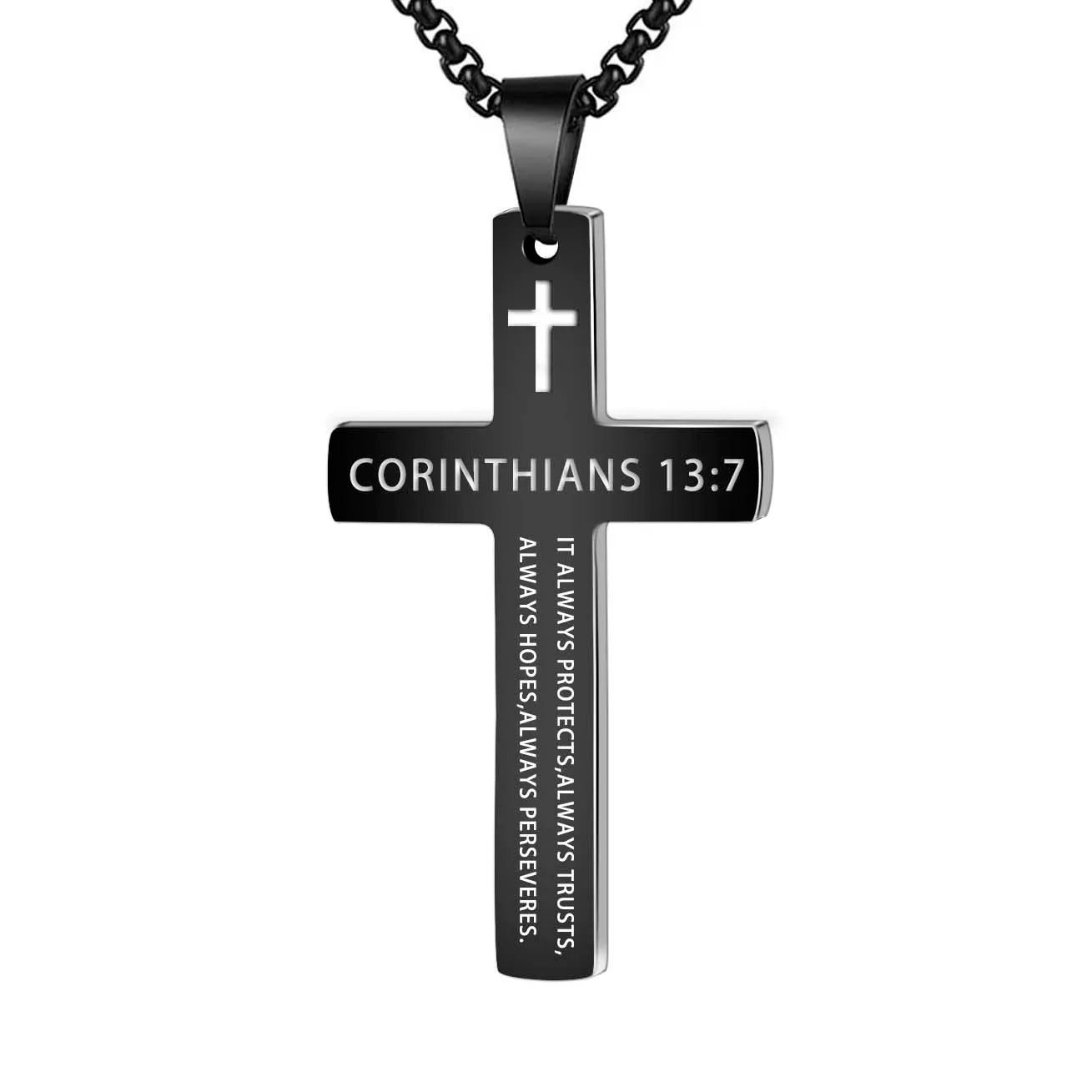 Stainless Steel Bible Verse Necklace – Cross Pendant with Scripture on Box Chain