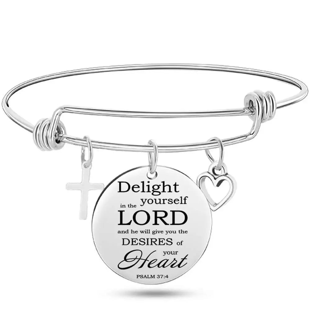 Christian Cross Bible Verse Bangle – Adjustable Stainless Steel Faith Bracelet