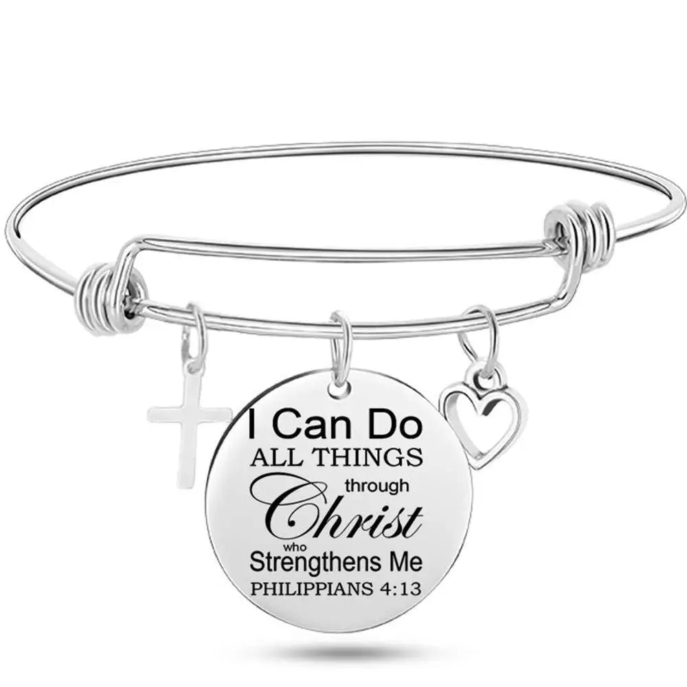 Christian Cross Bible Verse Bangle – Adjustable Stainless Steel Faith Bracelet