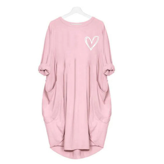 Heart Emblem Dress – Women’s Casual Above-Knee Loose Fit Shirt Dress