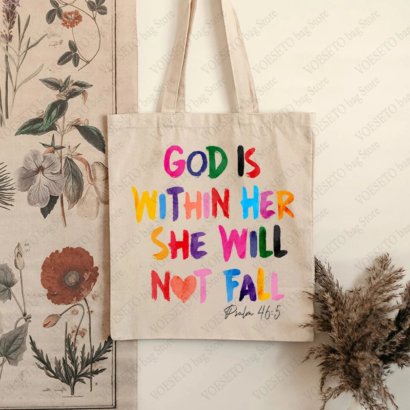 God Is Within Her She Will Not Fall Tote Bag – Canvas Shoulder Bag for Women