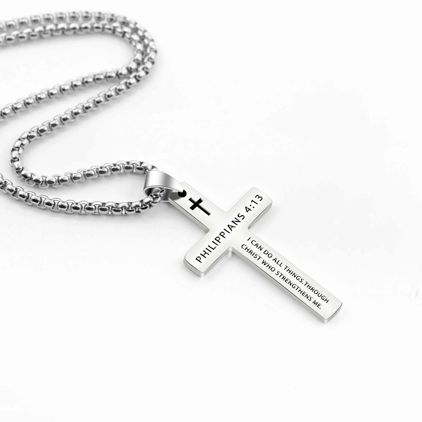 Stainless Steel Bible Verse Necklace – Cross Pendant with Scripture on Box Chain