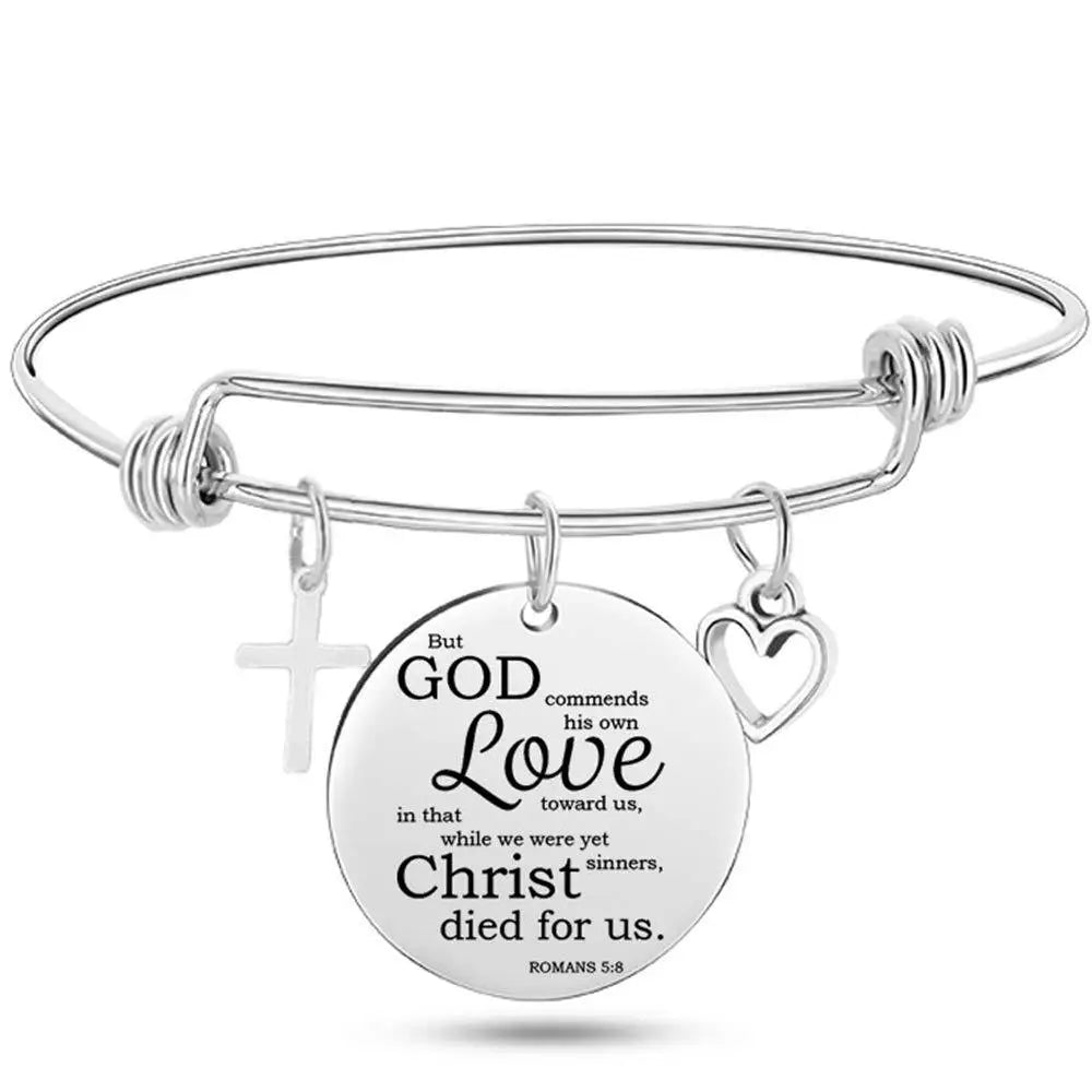 Christian Cross Bible Verse Bangle – Adjustable Stainless Steel Faith Bracelet