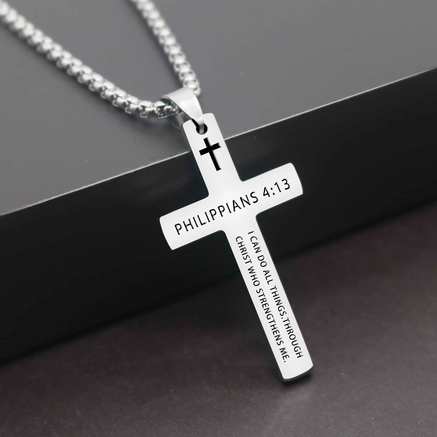 Stainless Steel Bible Verse Necklace – Cross Pendant with Scripture on Box Chain