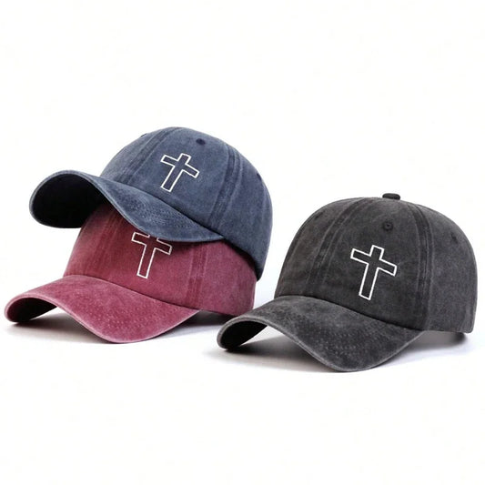 Unisex Side Cross Embroidery Wash Baseball Cap