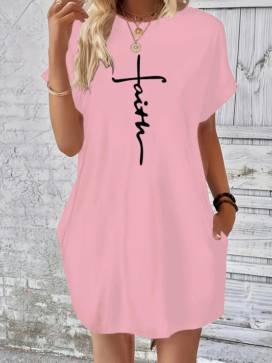 Loose Cross Faith Print Round Neck Short Sleeve Pocket Dress