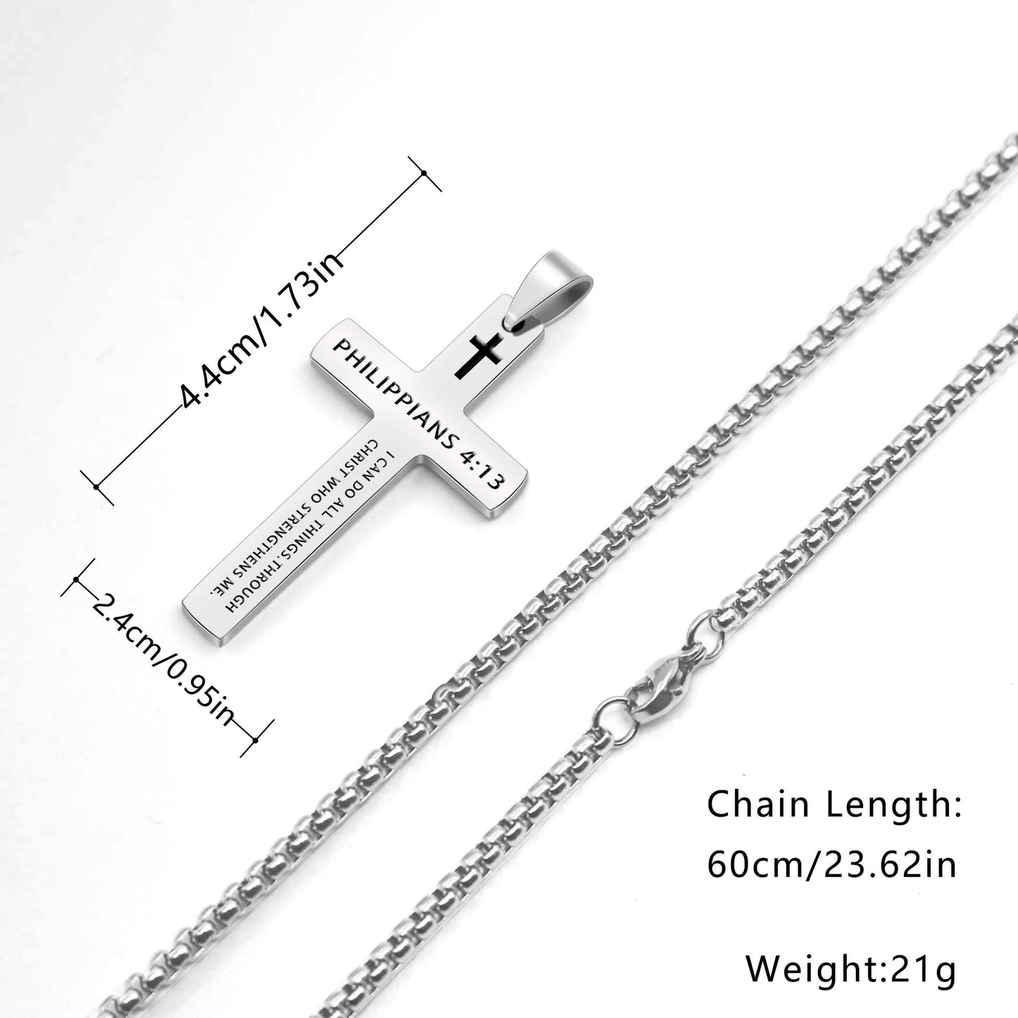 Stainless Steel Bible Verse Necklace – Cross Pendant with Scripture on Box Chain