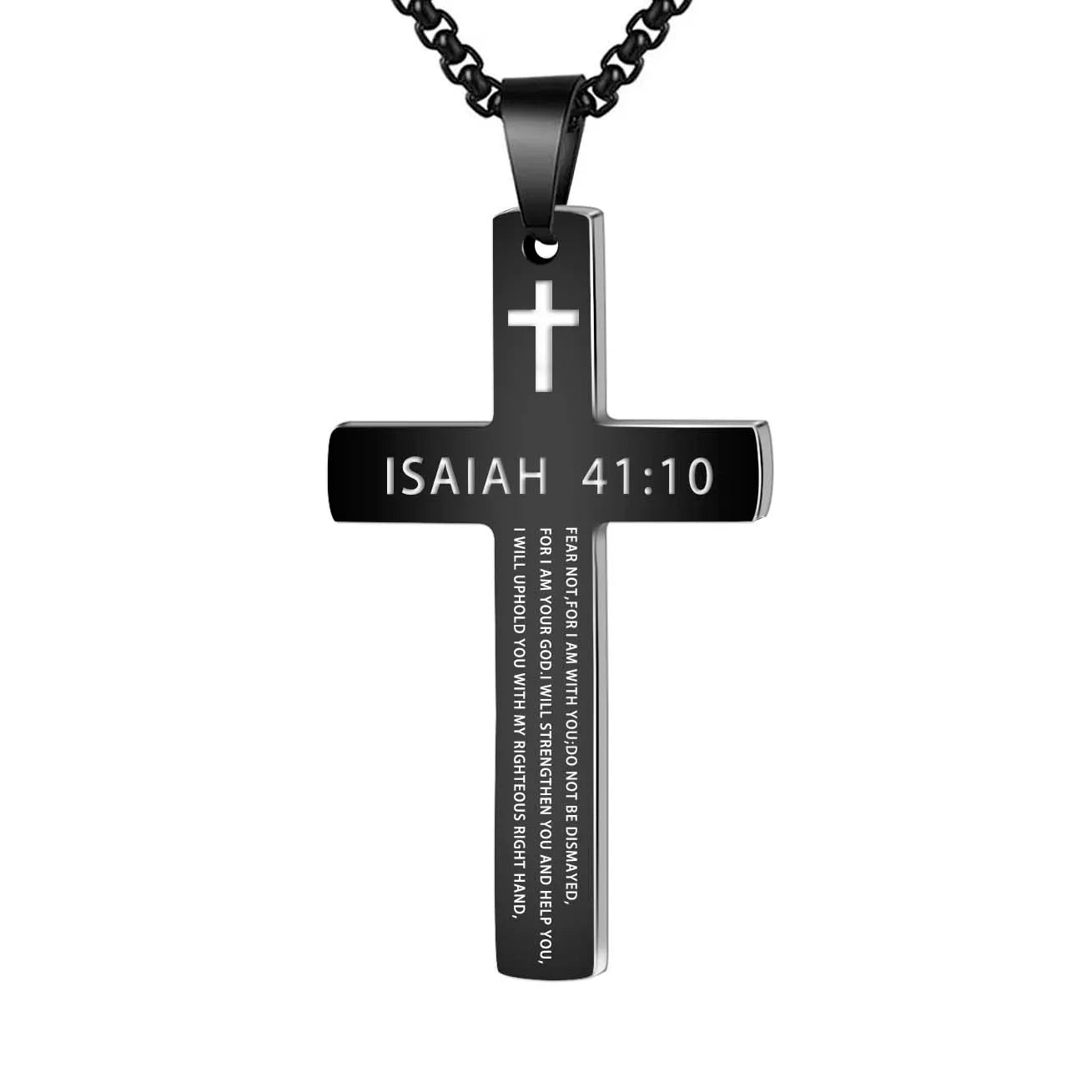 Stainless Steel Bible Verse Necklace – Cross Pendant with Scripture on Box Chain