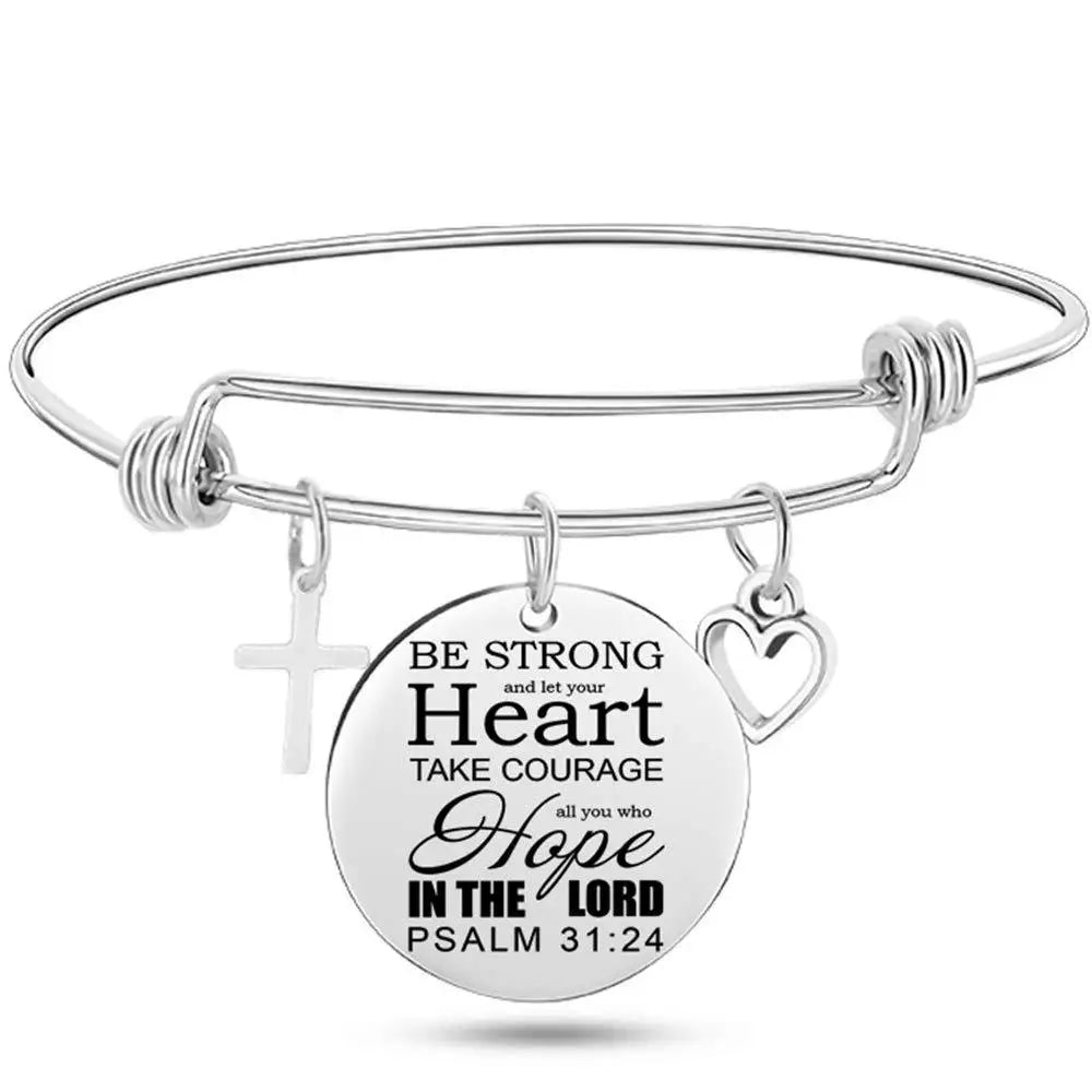 Christian Cross Bible Verse Bangle – Adjustable Stainless Steel Faith Bracelet