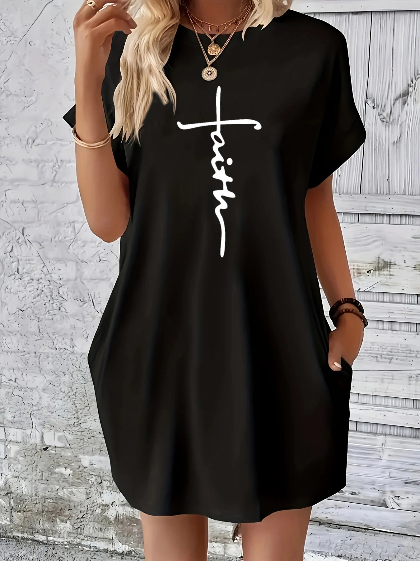 Loose Cross Faith Print Round Neck Short Sleeve Pocket Dress