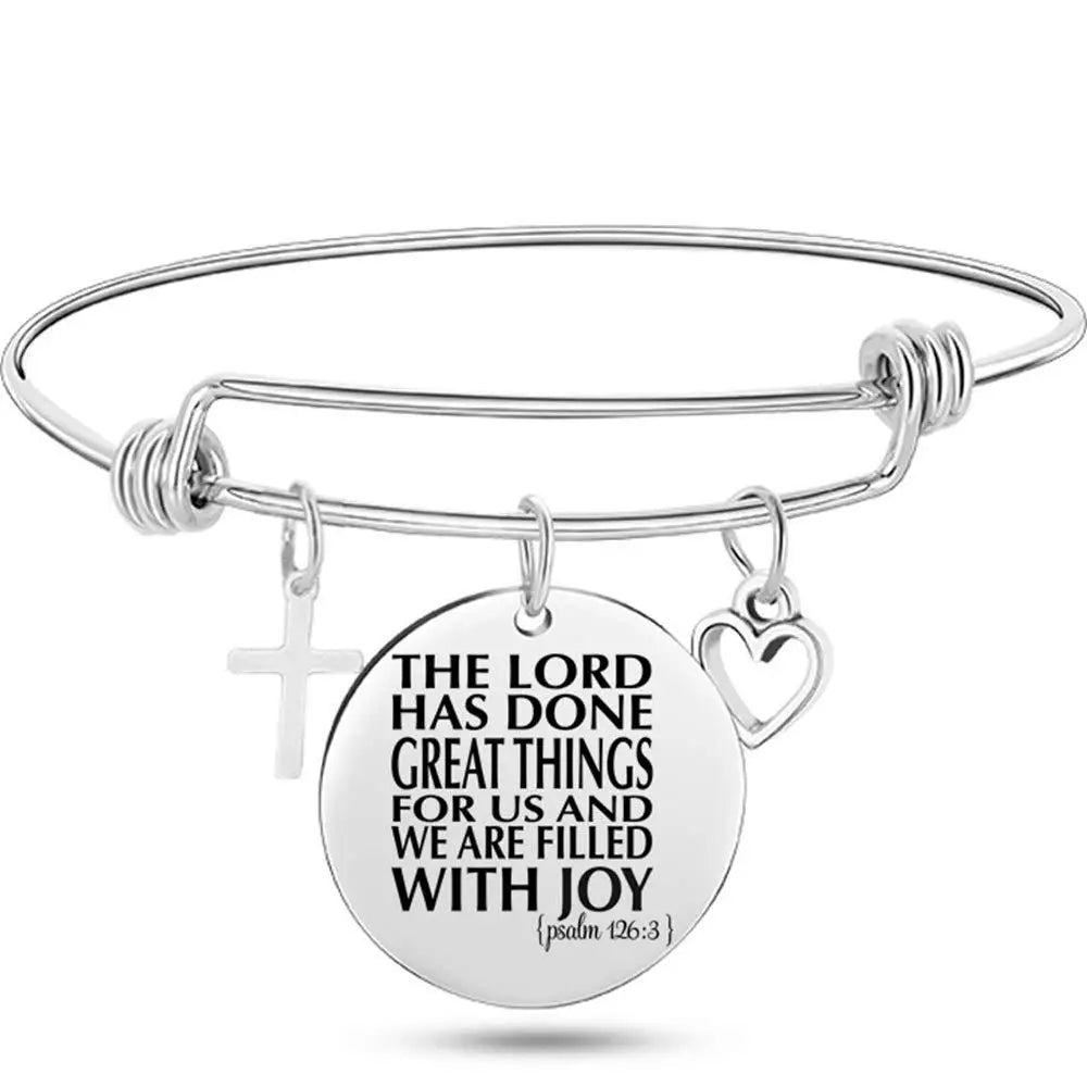 Christian Cross Bible Verse Bangle – Adjustable Stainless Steel Faith Bracelet