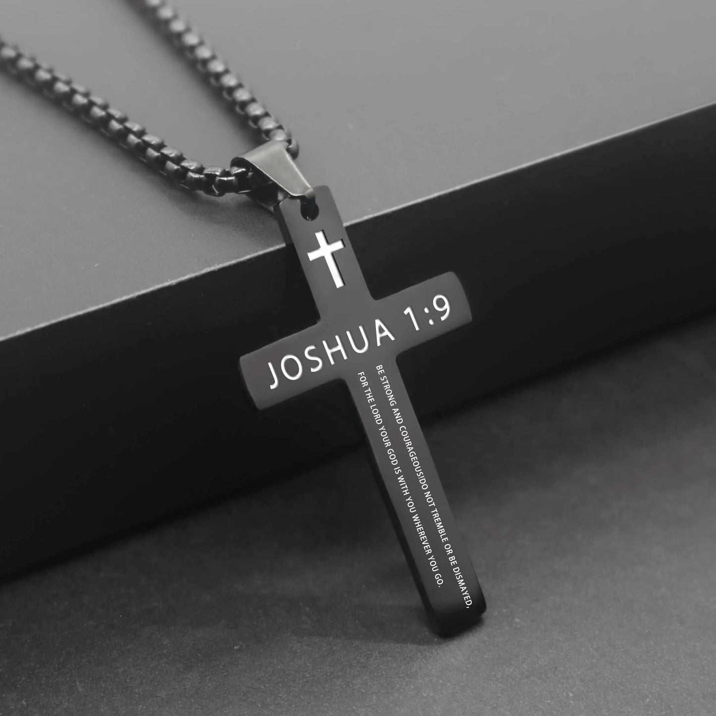Stainless Steel Bible Verse Necklace – Cross Pendant with Scripture on Box Chain