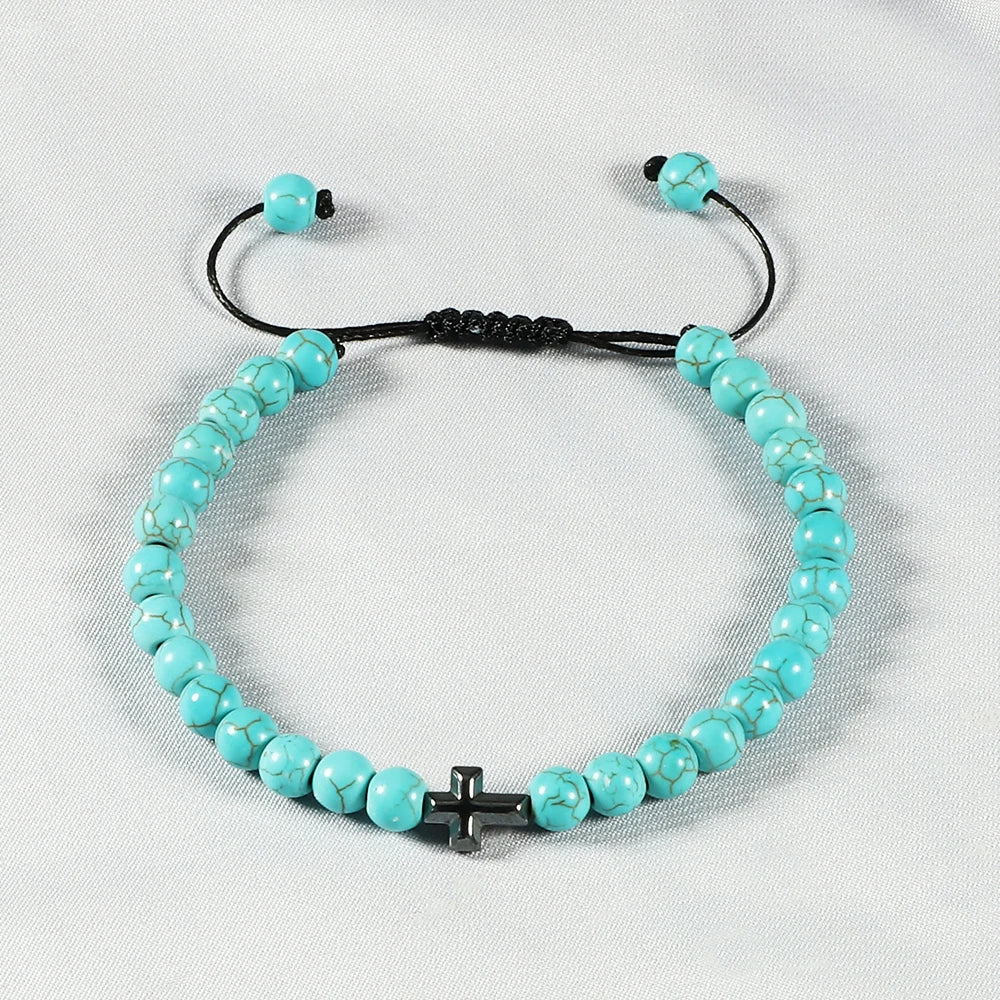 Cross Charm Beaded Bracelet – Natural Stone Strand Bracelet with Christian Symbol