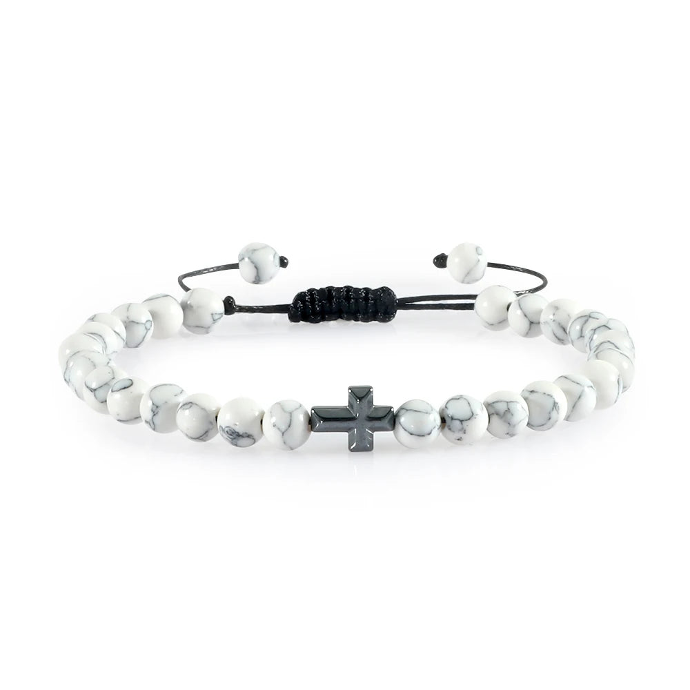 Cross Charm Beaded Bracelet – Natural Stone Strand Bracelet with Christian Symbol