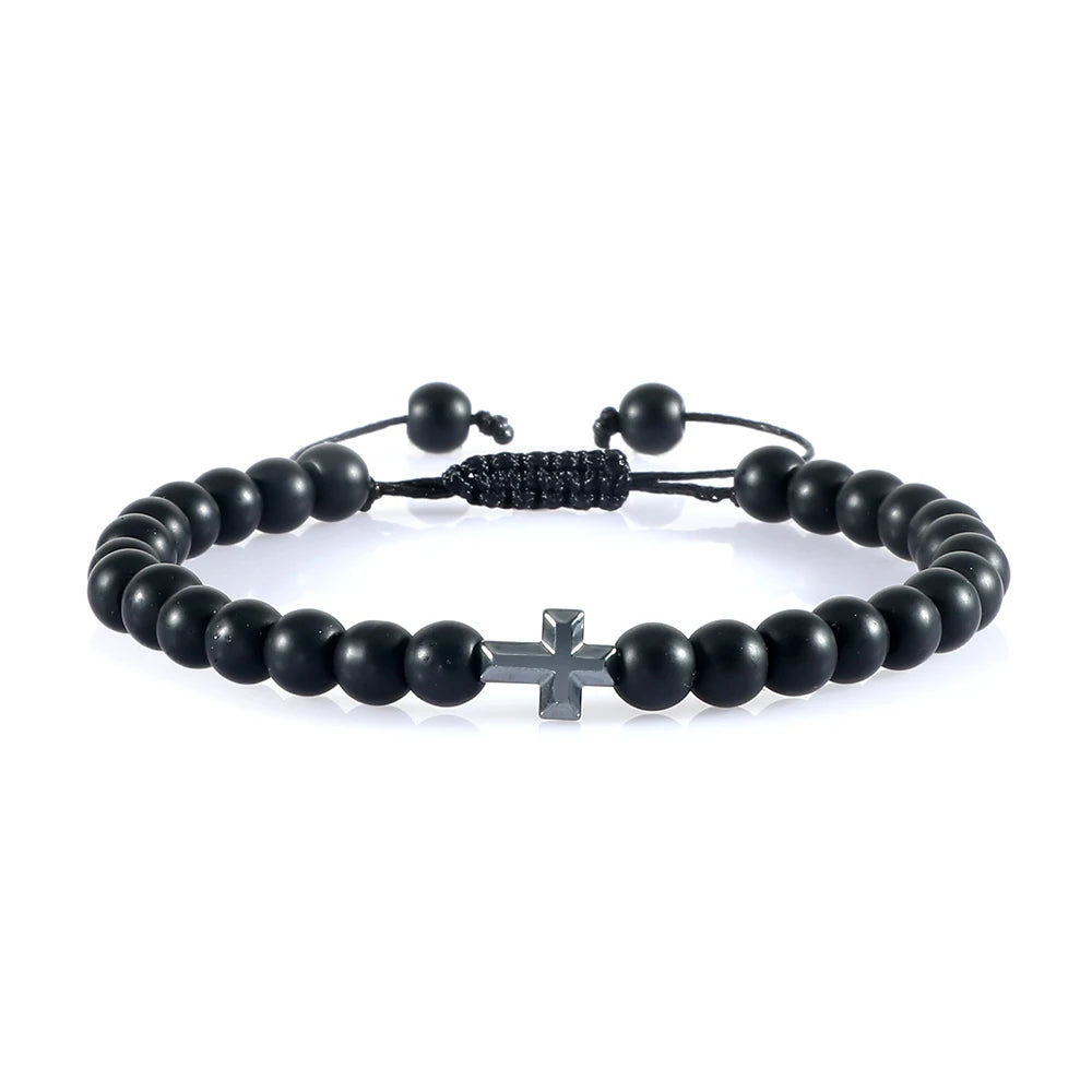 Cross Charm Beaded Bracelet – Natural Stone Strand Bracelet with Christian Symbol