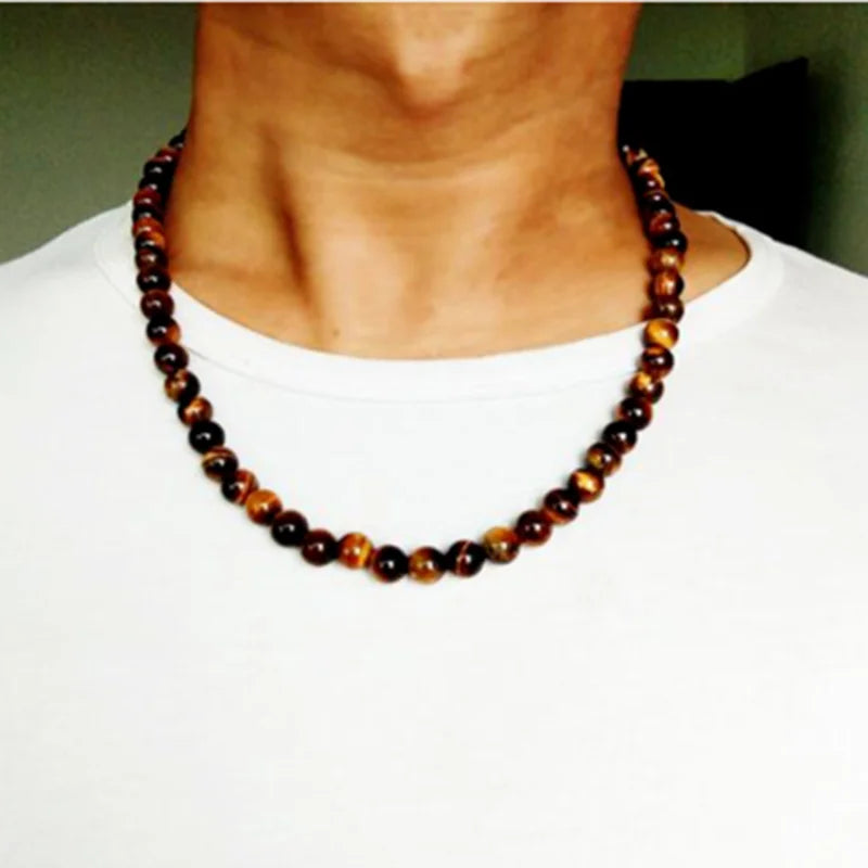 6/8mm Black Lava Stone & Yellow Tiger Eye Bead Choker Necklace