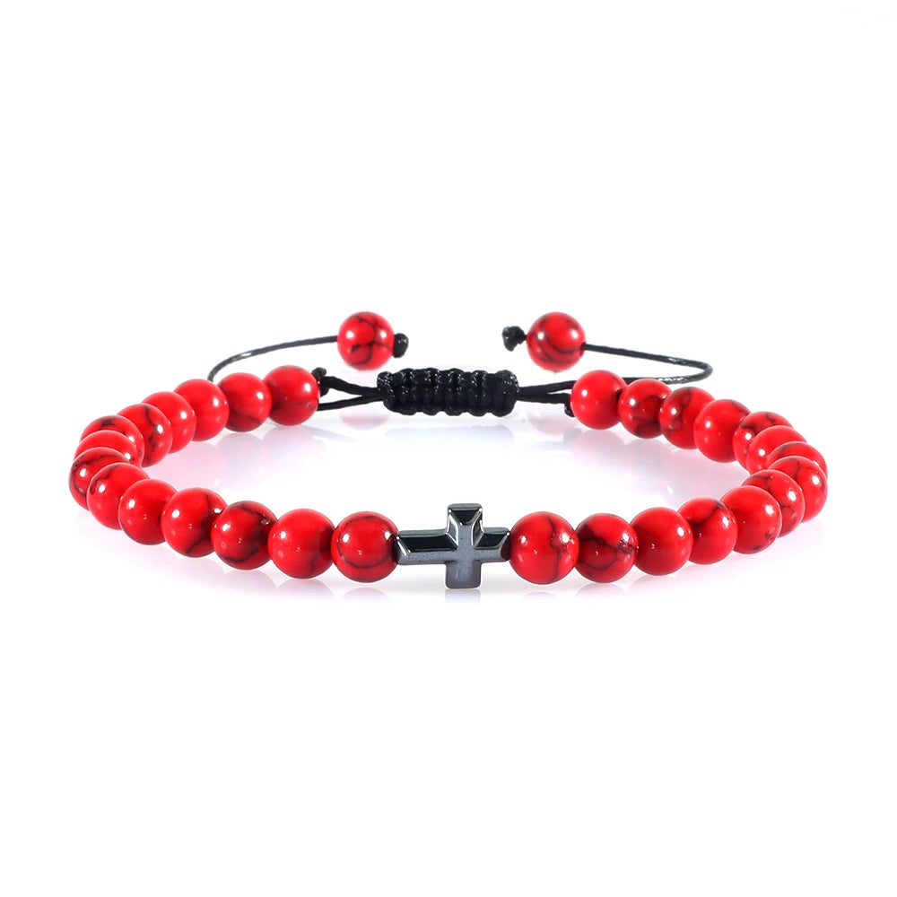 Cross Charm Beaded Bracelet – Natural Stone Strand Bracelet with Christian Symbol