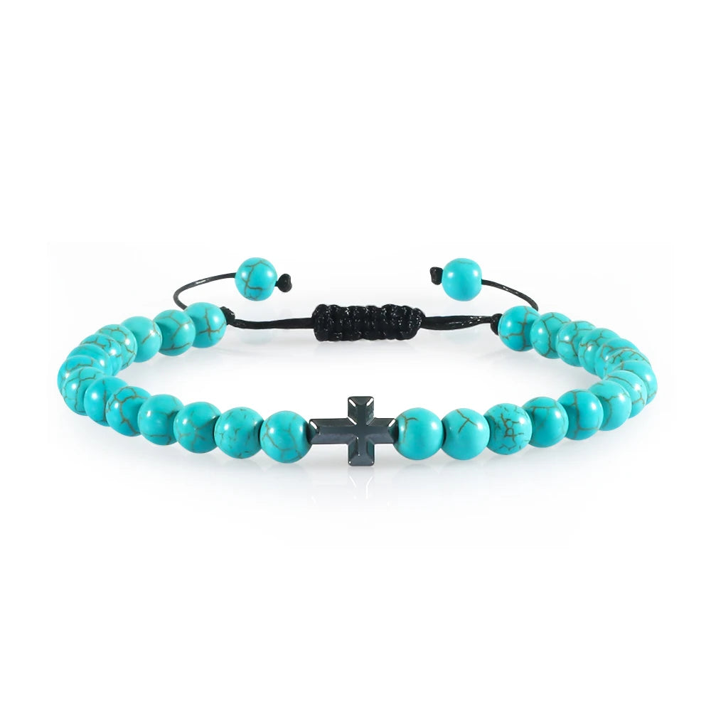 Cross Charm Beaded Bracelet – Natural Stone Strand Bracelet with Christian Symbol