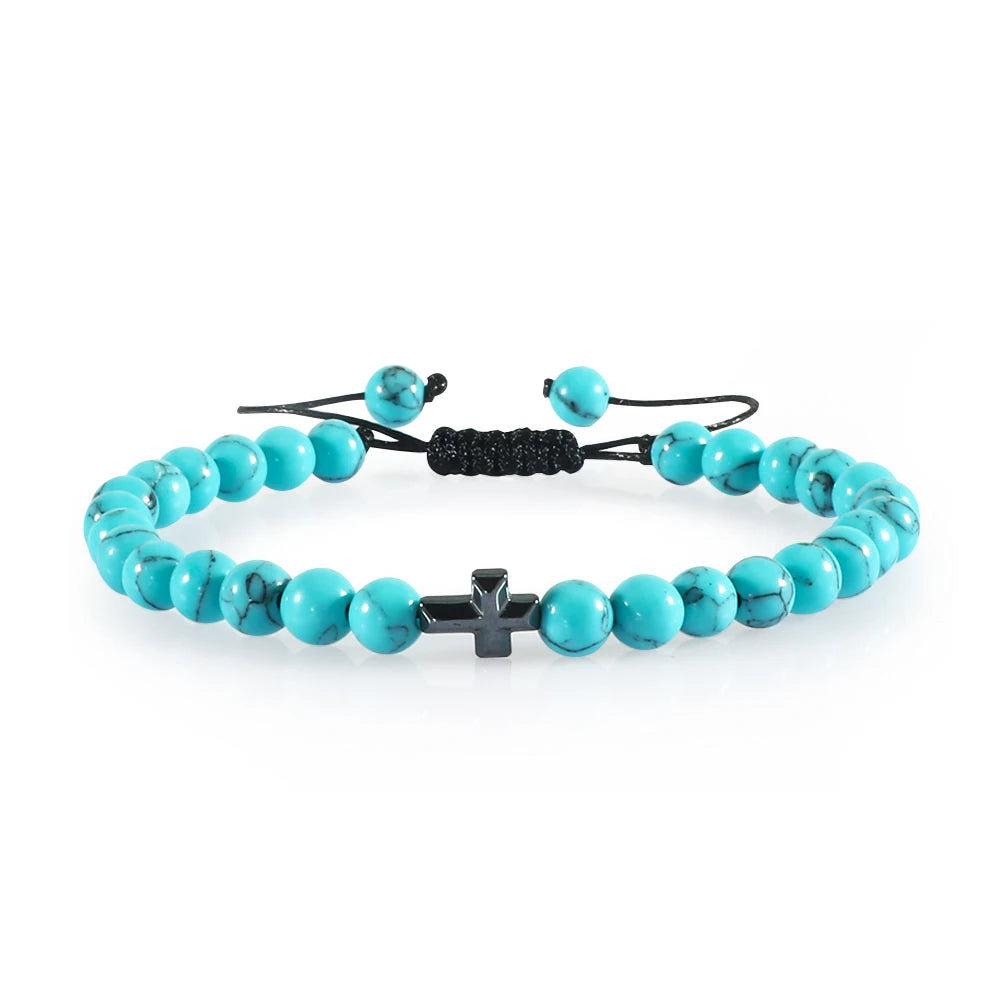 Cross Charm Beaded Bracelet – Natural Stone Strand Bracelet with Christian Symbol