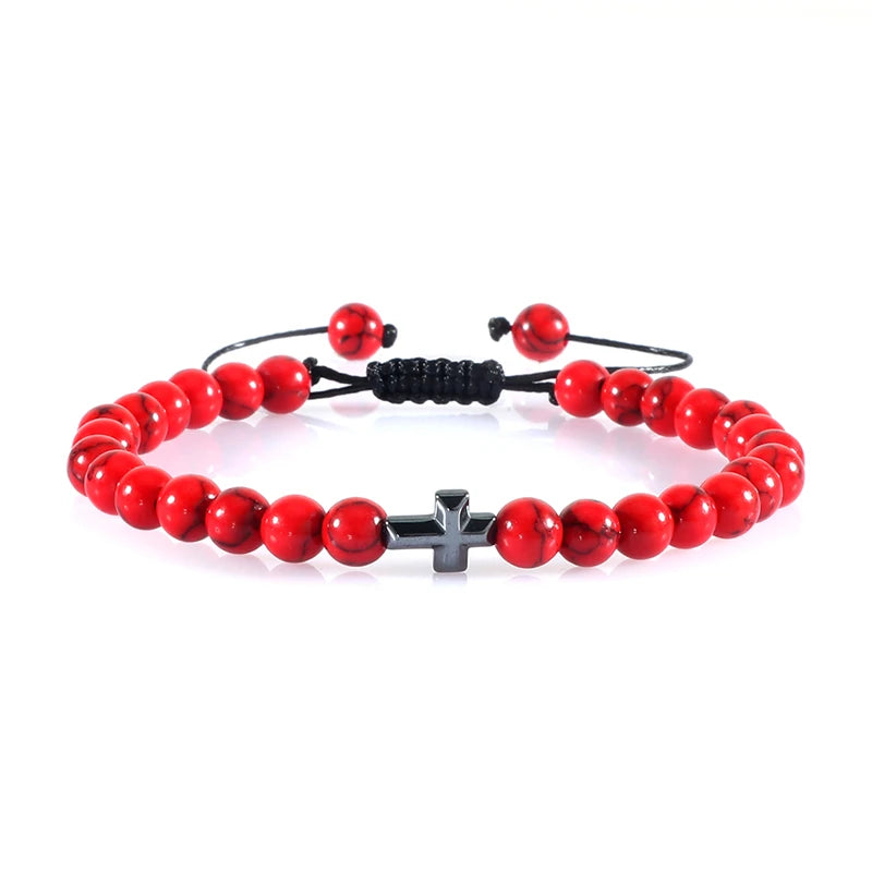 Cross Charm Beaded Bracelet – Natural Stone Strand Bracelet with Christian Symbol