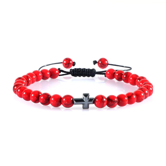 Cross Charm Beaded Bracelet – Natural Stone Strand Bracelet with Christian Symbol