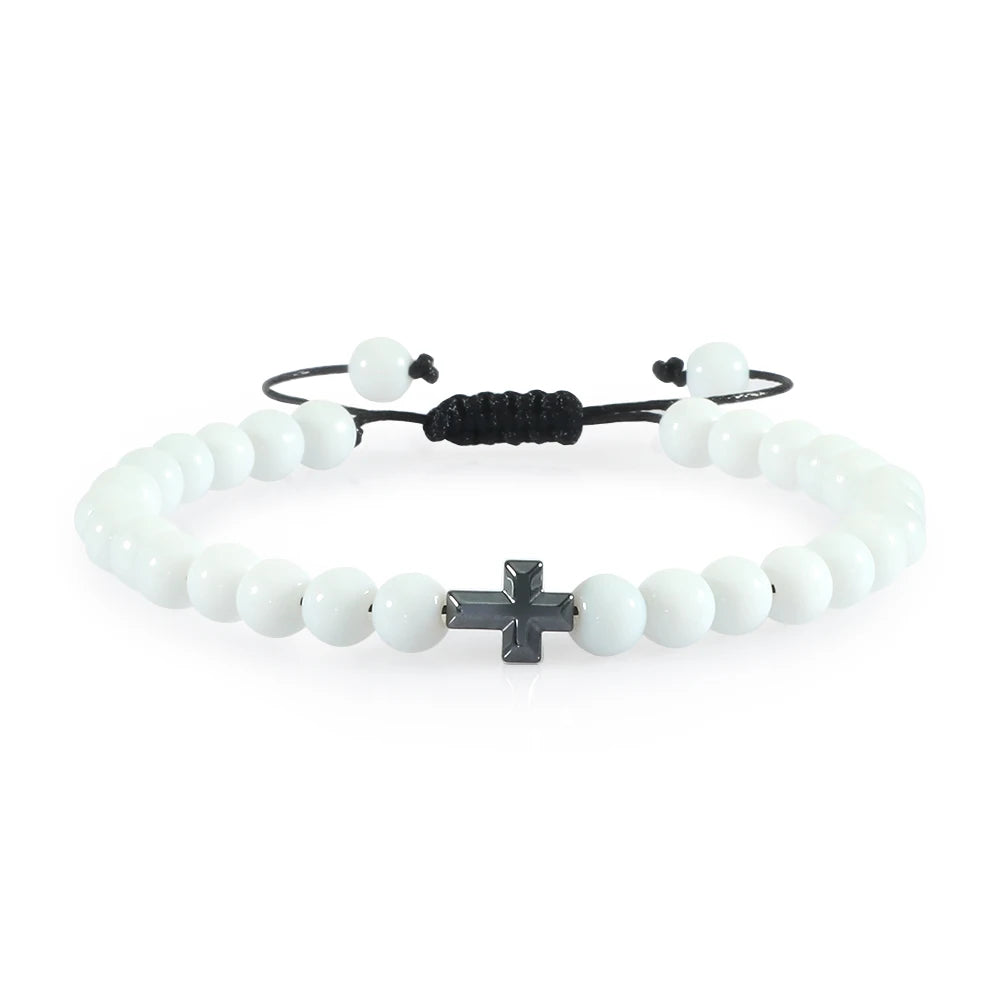 Cross Charm Beaded Bracelet – Natural Stone Strand Bracelet with Christian Symbol