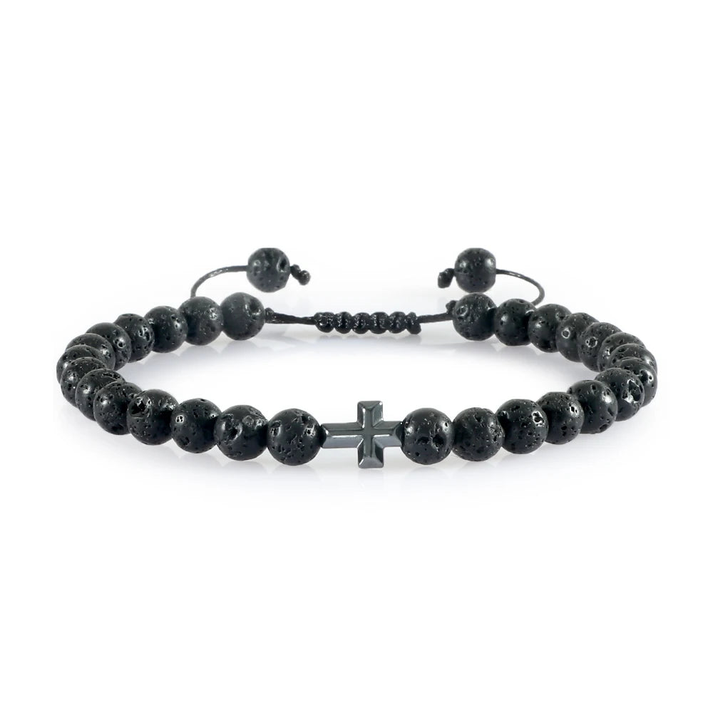 Cross Charm Beaded Bracelet – Natural Stone Strand Bracelet with Christian Symbol