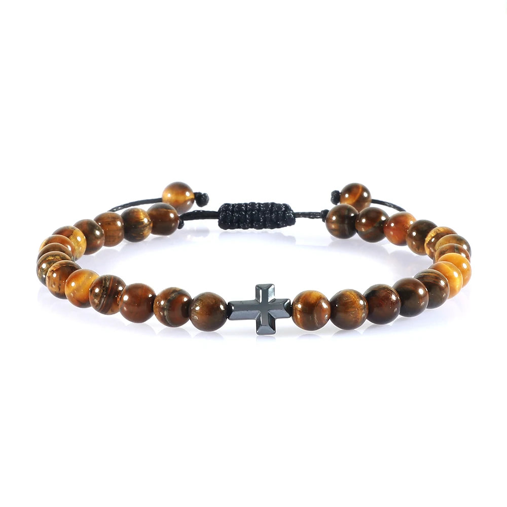 Cross Charm Beaded Bracelet – Natural Stone Strand Bracelet with Christian Symbol