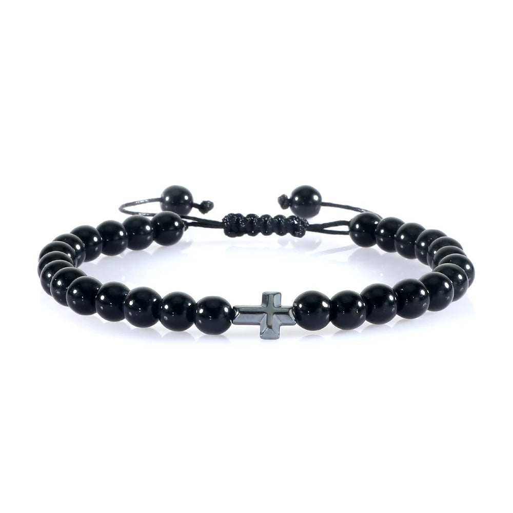 Cross Charm Beaded Bracelet – Natural Stone Strand Bracelet with Christian Symbol