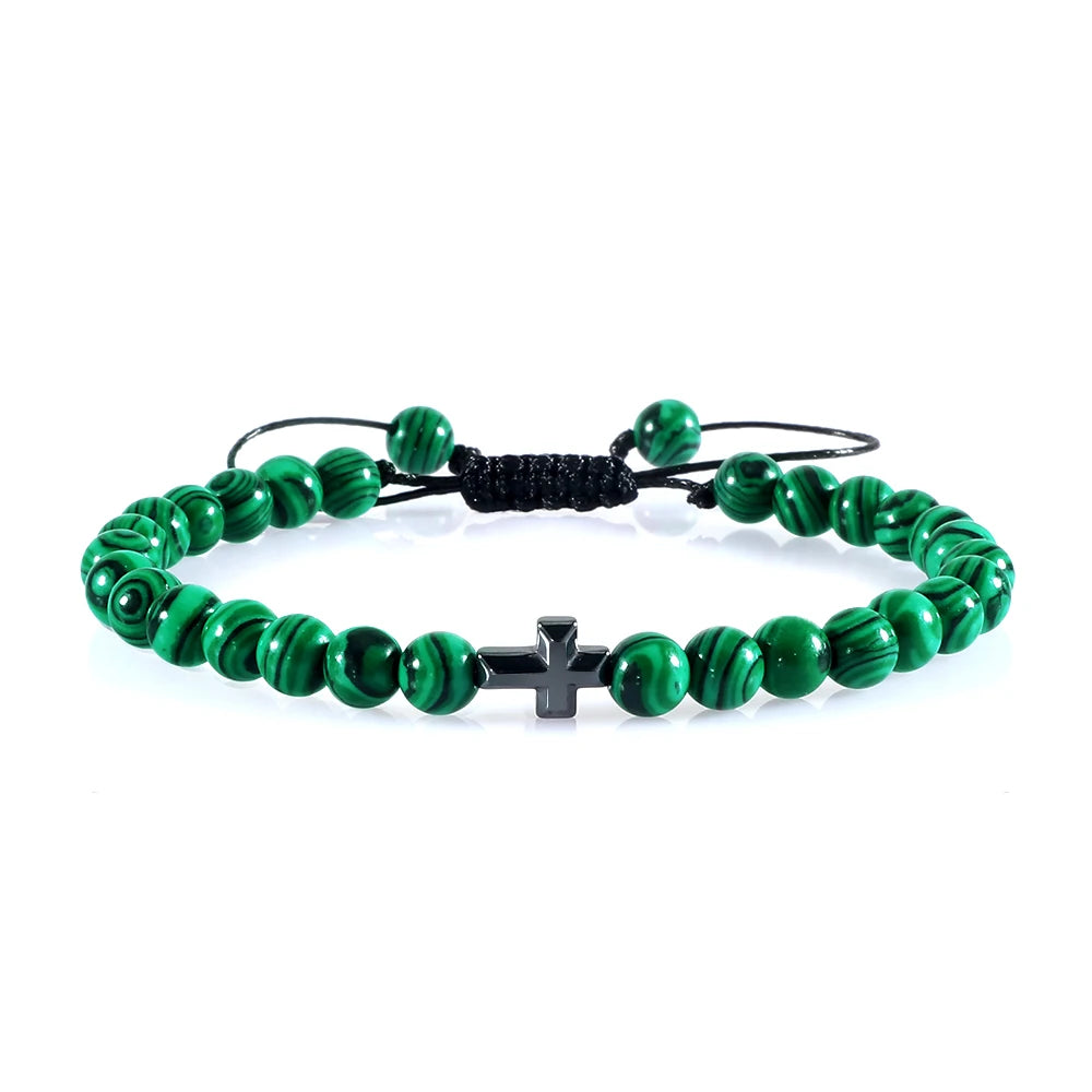 Cross Charm Beaded Bracelet – Natural Stone Strand Bracelet with Christian Symbol