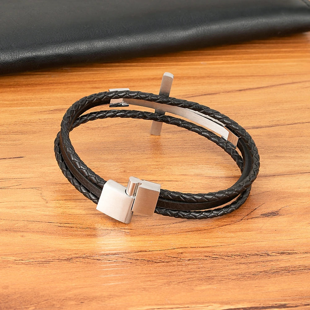 Men’s Multi-Layer Leather Cross Bracelet – Stainless Steel Christian Wristband