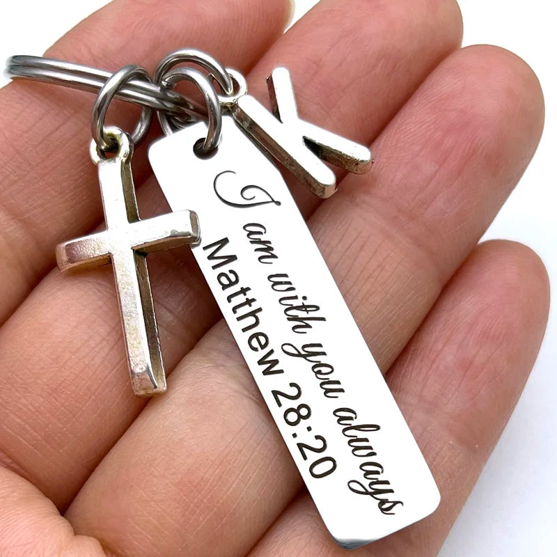 Matthew 28:20 Keychain with Initial – Stainless Steel Christian Scripture Key Ring (Silver)