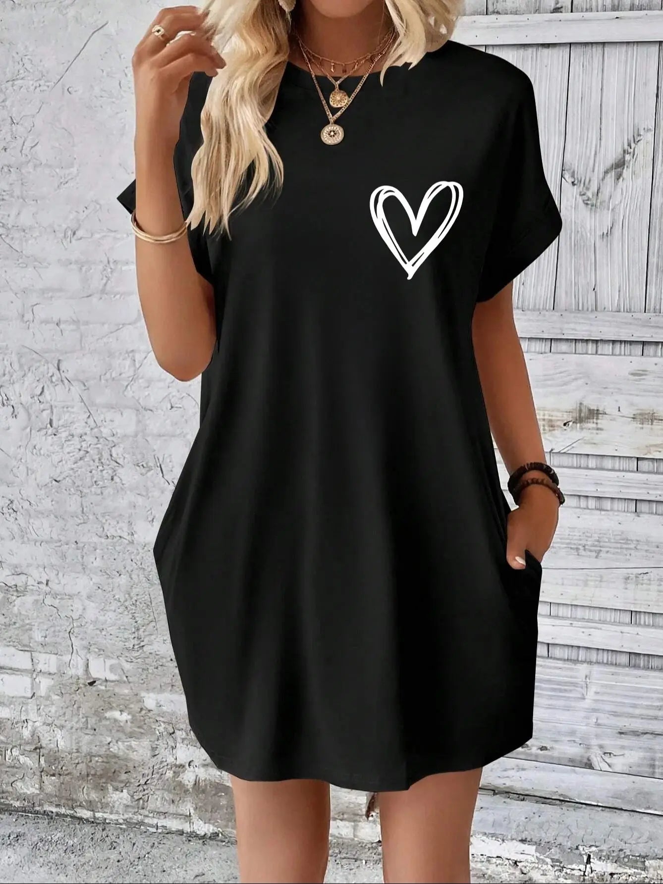 Heart Emblem Dress – Women’s Casual Above-Knee Loose Fit Shirt Dress