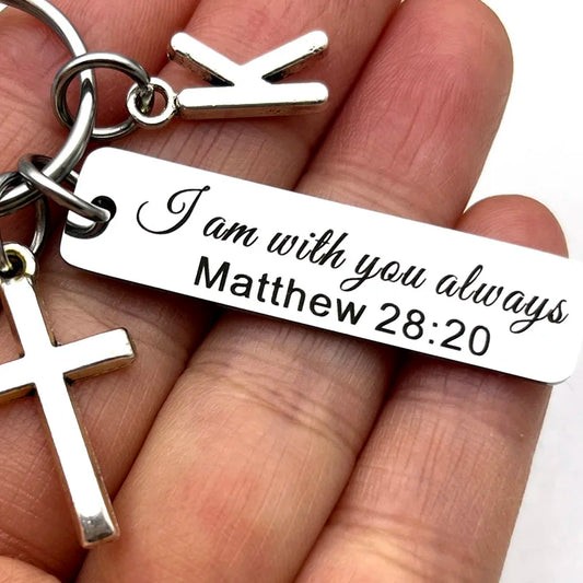 Matthew 28:20 Keychain with Initial – Stainless Steel Christian Scripture Key Ring (Silver)