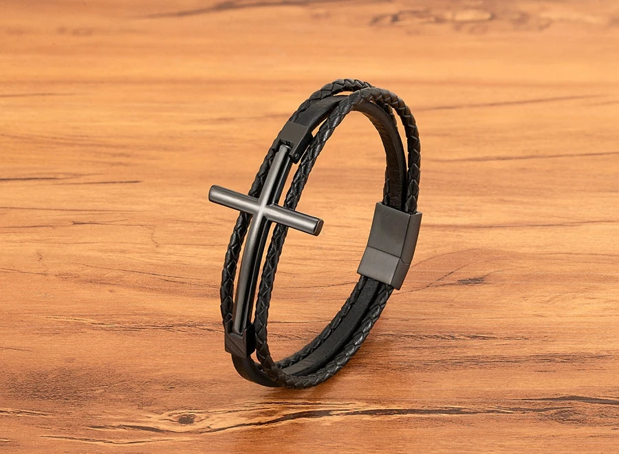 Men’s Multi-Layer Leather Cross Bracelet – Stainless Steel Christian Wristband