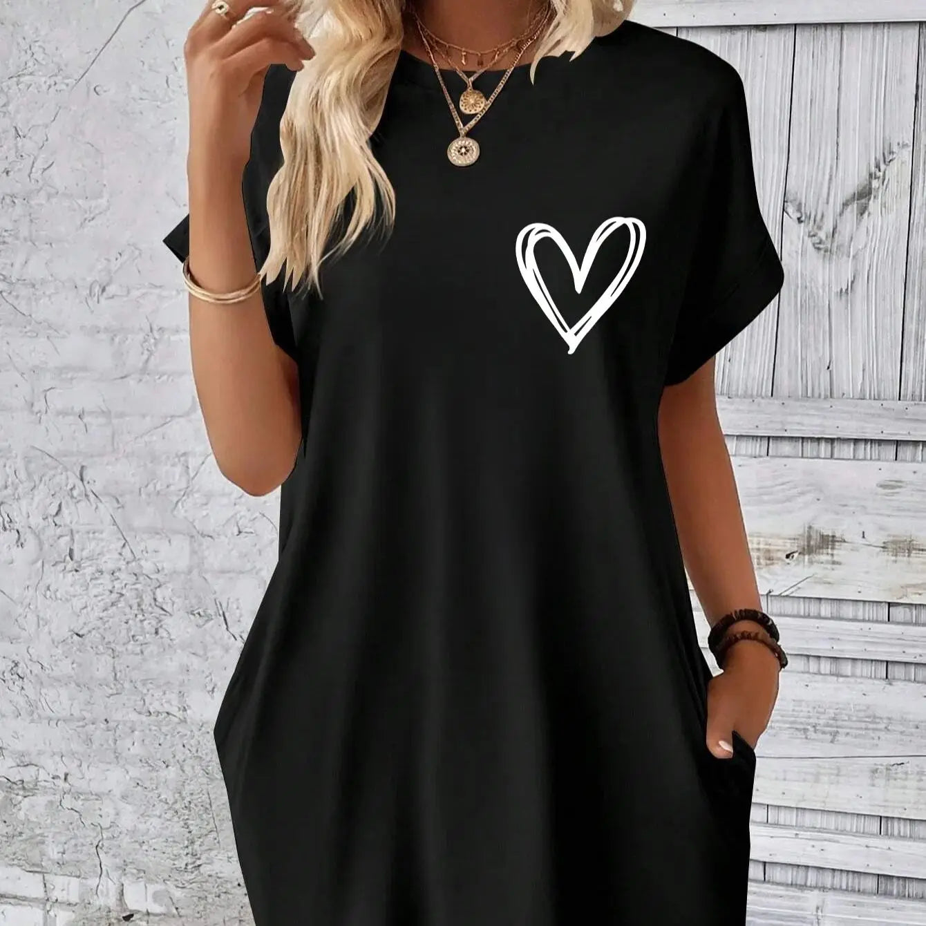 Heart Emblem Dress – Women’s Casual Above-Knee Loose Fit Shirt Dress