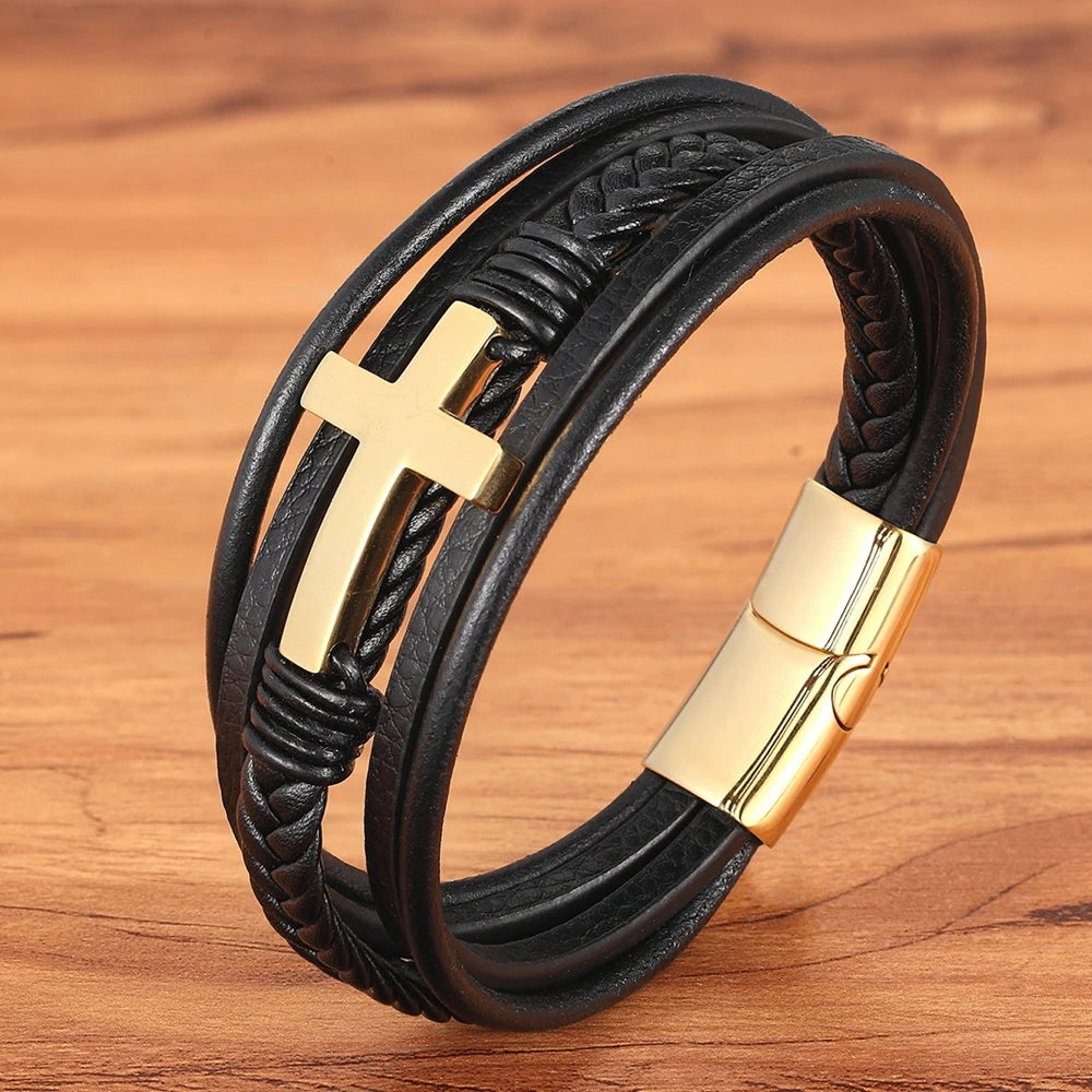Men’s Multi-Layer Leather Cross Bracelet – Stainless Steel Christian Wristband