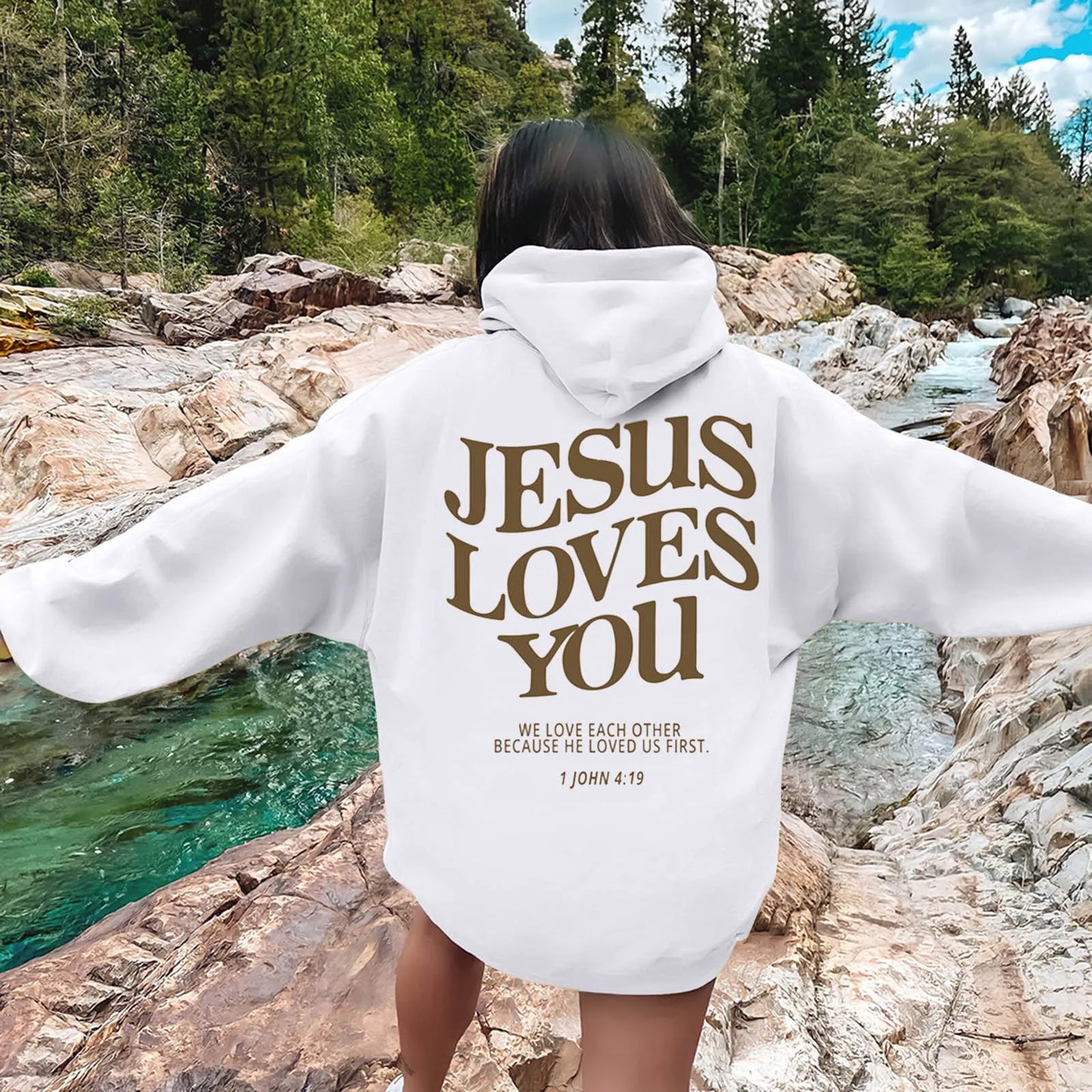 Women Jesus Loves You Oversized Graphic Hoodie
